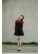 Fake Two-Piece Lace-Up Collar Metal Buckle Shoulder Strap Lantern Sleeve Punk Red Plaid Dress