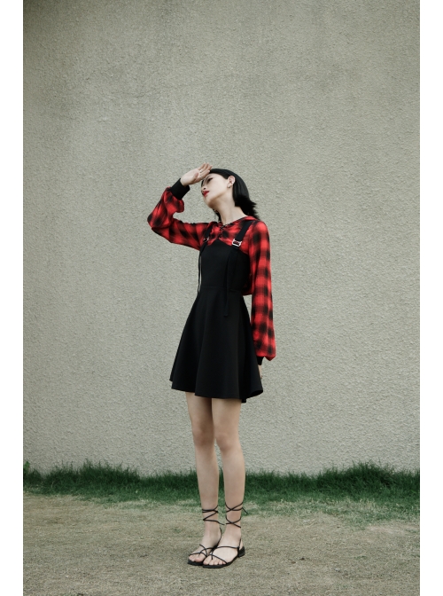 Fake Two-Piece Lace-Up Collar Metal Buckle Shoulder Strap Lantern Sleeve Punk Red Plaid Dress
