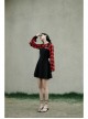 Fake Two-Piece Lace-Up Collar Metal Buckle Shoulder Strap Lantern Sleeve Punk Red Plaid Dress