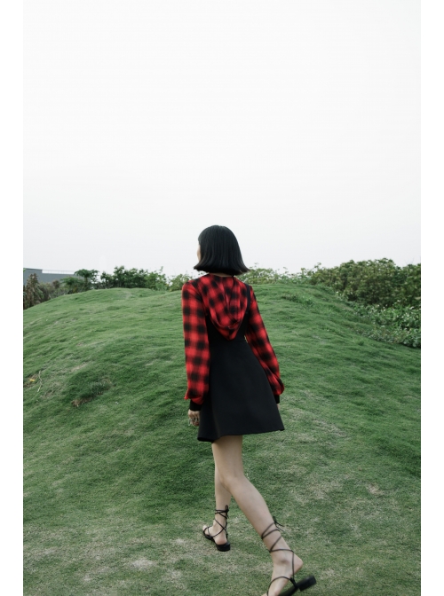 Fake Two-Piece Lace-Up Collar Metal Buckle Shoulder Strap Lantern Sleeve Punk Red Plaid Dress