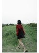 Fake Two-Piece Lace-Up Collar Metal Buckle Shoulder Strap Lantern Sleeve Punk Red Plaid Dress