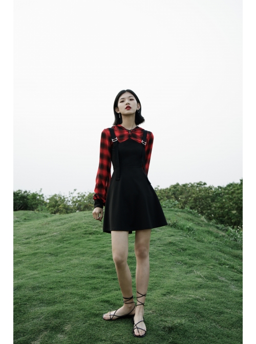 Fake Two-Piece Lace-Up Collar Metal Buckle Shoulder Strap Lantern Sleeve Punk Red Plaid Dress