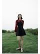 Fake Two-Piece Lace-Up Collar Metal Buckle Shoulder Strap Lantern Sleeve Punk Red Plaid Dress