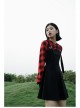 Fake Two-Piece Lace-Up Collar Metal Buckle Shoulder Strap Lantern Sleeve Punk Red Plaid Dress