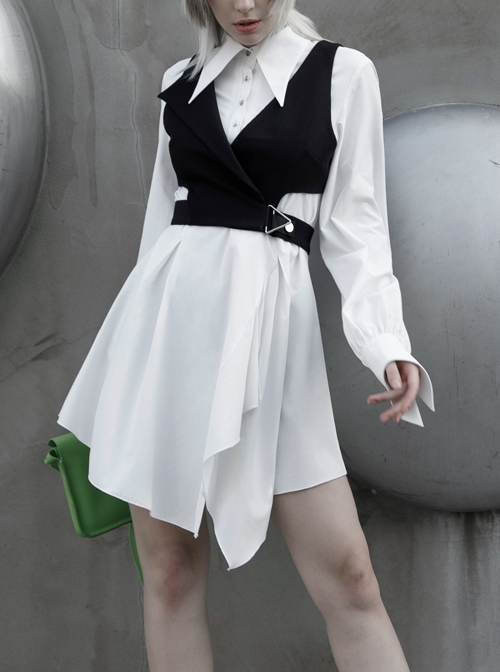 White Front Metal Button Swallowtail Shape Cuff Irregular Hem Gothic Blouse