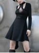 High Collar Front Chest Lace-Up Shoulder Hollow-Out Long Sleeve Black Punk Dress