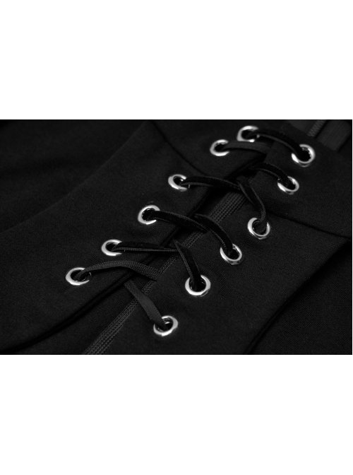High Collar Front Chest Lace-Up Shoulder Hollow-Out Long Sleeve Black Punk Dress