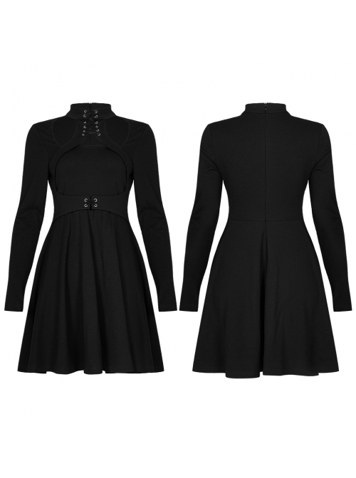 High Collar Front Chest Lace-Up Shoulder Hollow-Out Long Sleeve Black Punk Dress