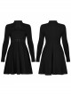 High Collar Front Chest Lace-Up Shoulder Hollow-Out Long Sleeve Black Punk Dress