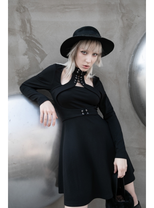 High Collar Front Chest Lace-Up Shoulder Hollow-Out Long Sleeve Black Punk Dress