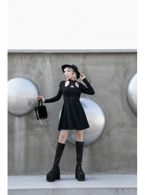 High Collar Front Chest Lace-Up Shoulder Hollow-Out Long Sleeve Black Punk Dress