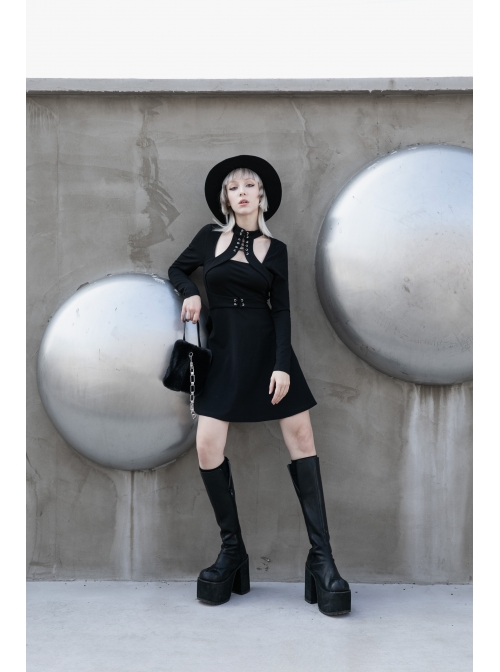 High Collar Front Chest Lace-Up Shoulder Hollow-Out Long Sleeve Black Punk Dress