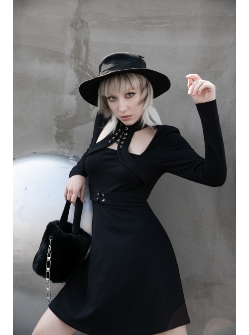 High Collar Front Chest Lace-Up Shoulder Hollow-Out Long Sleeve Black Punk Dress