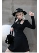 High Collar Front Chest Lace-Up Shoulder Hollow-Out Long Sleeve Black Punk Dress