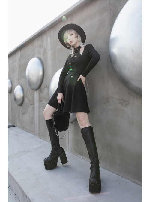 High Collar Front Chest Lace-Up Shoulder Hollow-Out Long Sleeve Black Punk Dress