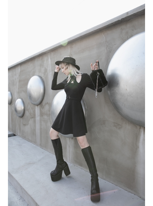 High Collar Front Chest Lace-Up Shoulder Hollow-Out Long Sleeve Black Punk Dress