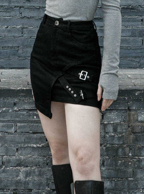 Black Metal Slant Buckle Loop Decoration Irregular Hem Punk Denim Skirt