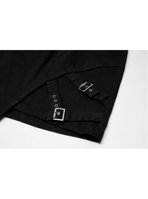 Black Metal Slant Buckle Loop Decoration Irregular Hem Punk Denim Skirt