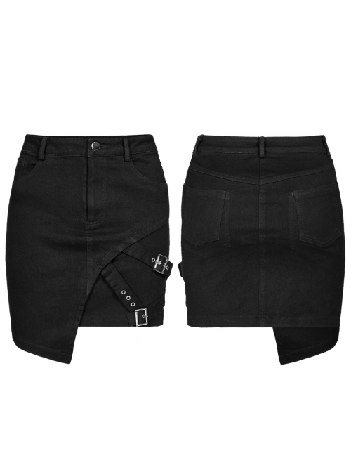 Black Metal Slant Buckle Loop Decoration Irregular Hem Punk Denim Skirt