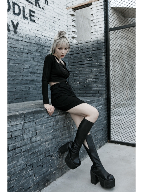 Black Metal Slant Buckle Loop Decoration Irregular Hem Punk Denim Skirt