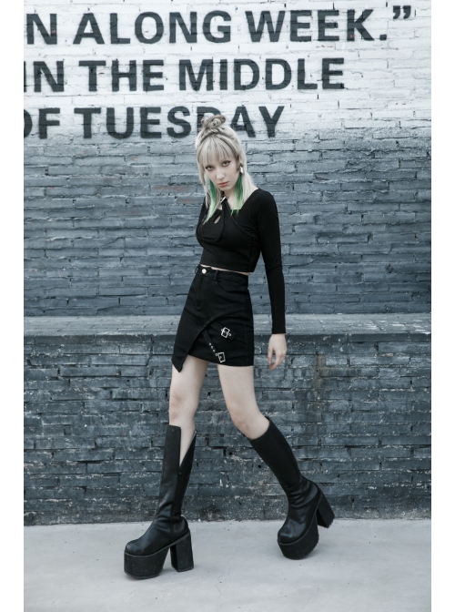 Black Metal Slant Buckle Loop Decoration Irregular Hem Punk Denim Skirt