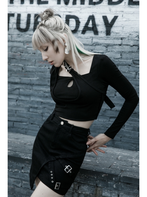 Black Metal Slant Buckle Loop Decoration Irregular Hem Punk Denim Skirt