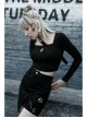 Black Metal Slant Buckle Loop Decoration Irregular Hem Punk Denim Skirt