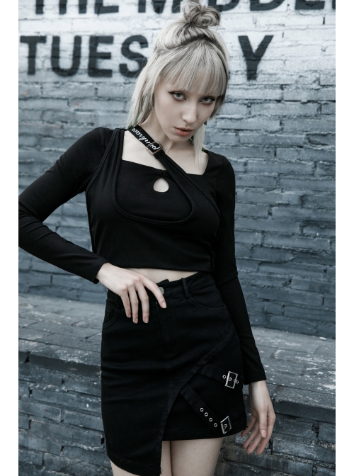 Black Metal Slant Buckle Loop Decoration Irregular Hem Punk Denim Skirt