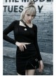 Black Metal Slant Buckle Loop Decoration Irregular Hem Punk Denim Skirt