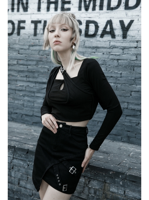 Black Metal Slant Buckle Loop Decoration Irregular Hem Punk Denim Skirt
