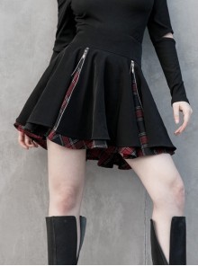 Black Punk Splice Red Plaid Metal Zipper Decoration Pleated Skirt