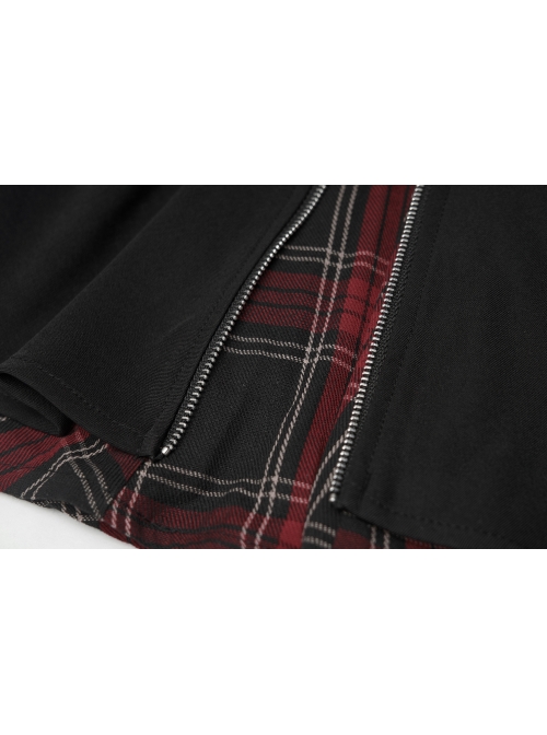Black Punk Splice Red Plaid Metal Zipper Decoration Pleated Skirt