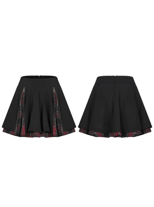 Black Punk Splice Red Plaid Metal Zipper Decoration Pleated Skirt