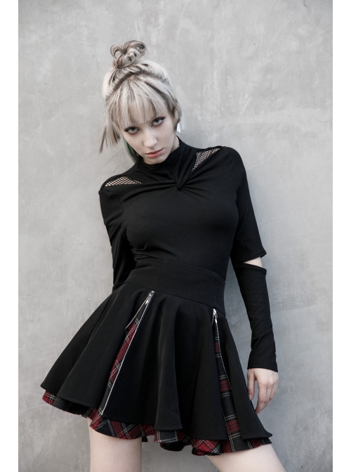 Black Punk Splice Red Plaid Metal Zipper Decoration Pleated Skirt