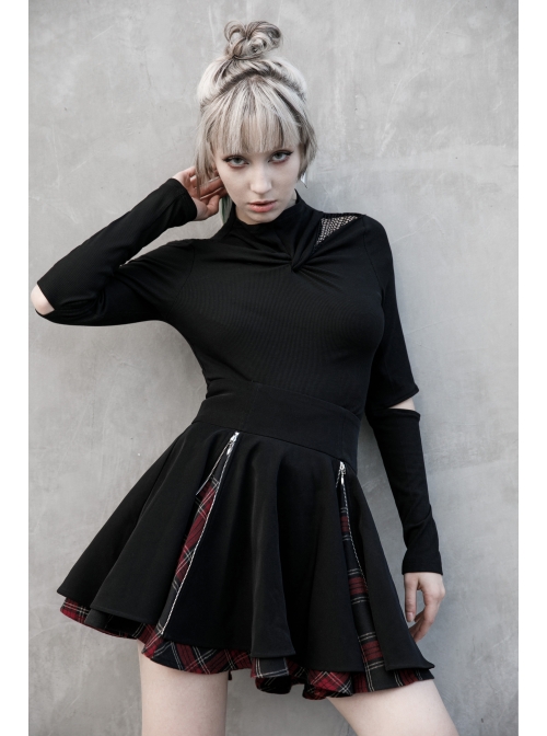 Black Punk Splice Red Plaid Metal Zipper Decoration Pleated Skirt