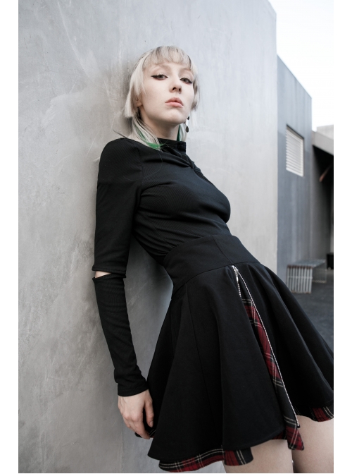 Black Punk Splice Red Plaid Metal Zipper Decoration Pleated Skirt
