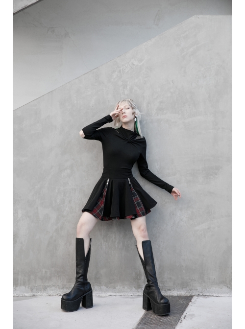 Black Punk Splice Red Plaid Metal Zipper Decoration Pleated Skirt