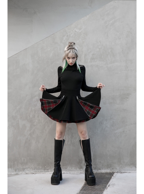 Black Punk Splice Red Plaid Metal Zipper Decoration Pleated Skirt