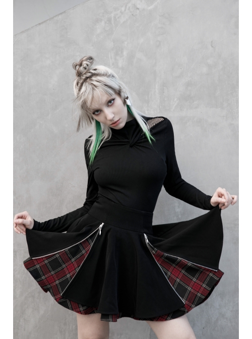 Black Punk Splice Red Plaid Metal Zipper Decoration Pleated Skirt