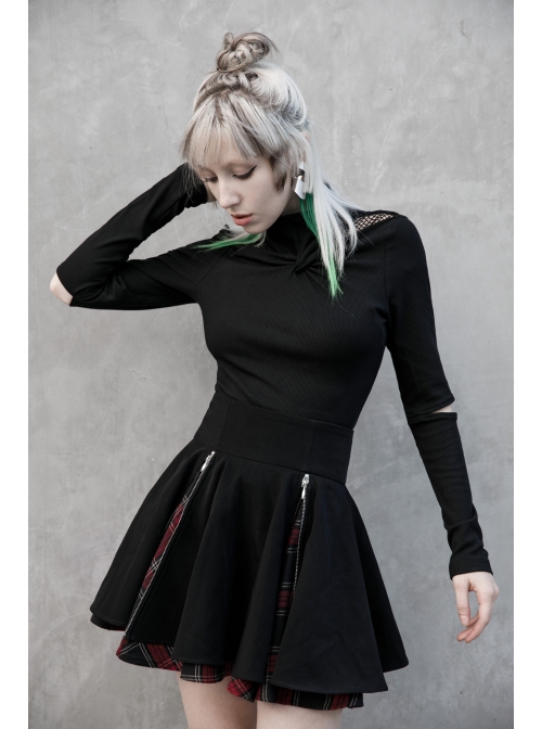 Black Punk Splice Red Plaid Metal Zipper Decoration Pleated Skirt