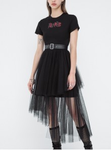 Front Chest Print Short Sleeve Metal Buckle Leather Belt Irregular Mesh Hem Black Punk Dress