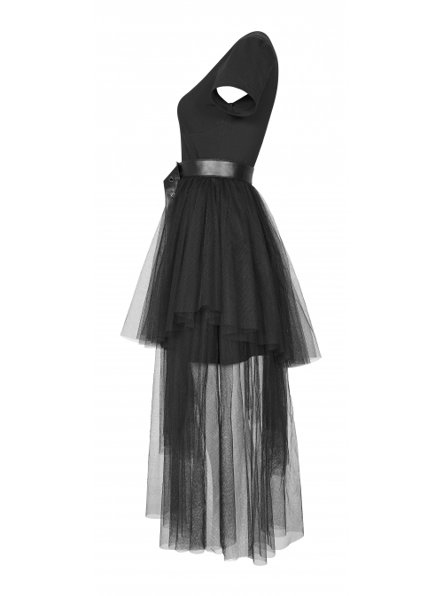 Front Chest Print Short Sleeve Metal Buckle Leather Belt Irregular Mesh Hem Black Punk Dress