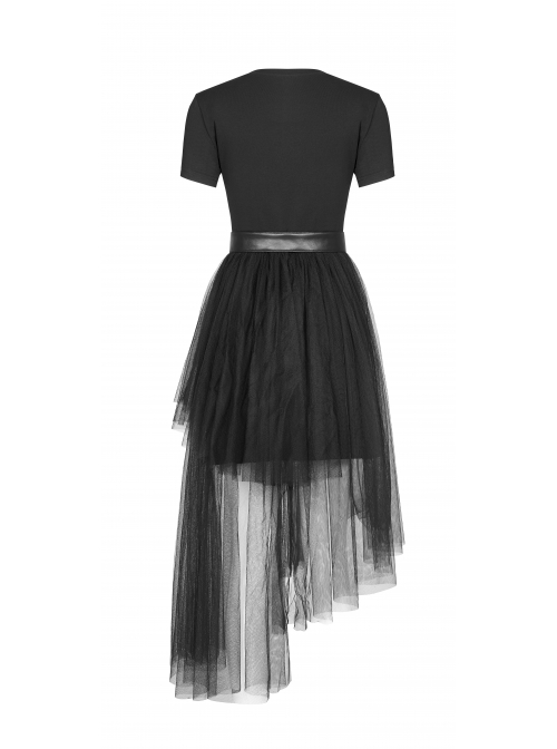 Front Chest Print Short Sleeve Metal Buckle Leather Belt Irregular Mesh Hem Black Punk Dress