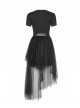 Front Chest Print Short Sleeve Metal Buckle Leather Belt Irregular Mesh Hem Black Punk Dress