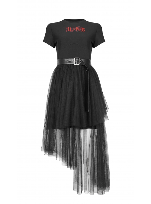 Front Chest Print Short Sleeve Metal Buckle Leather Belt Irregular Mesh Hem Black Punk Dress