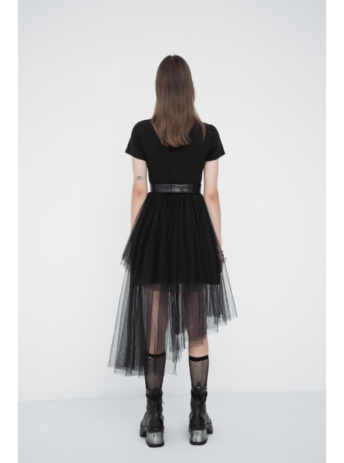 Front Chest Print Short Sleeve Metal Buckle Leather Belt Irregular Mesh Hem Black Punk Dress