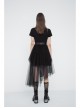 Front Chest Print Short Sleeve Metal Buckle Leather Belt Irregular Mesh Hem Black Punk Dress