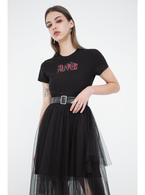 Front Chest Print Short Sleeve Metal Buckle Leather Belt Irregular Mesh Hem Black Punk Dress