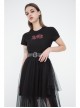 Front Chest Print Short Sleeve Metal Buckle Leather Belt Irregular Mesh Hem Black Punk Dress