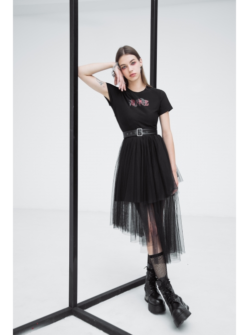 Front Chest Print Short Sleeve Metal Buckle Leather Belt Irregular Mesh Hem Black Punk Dress